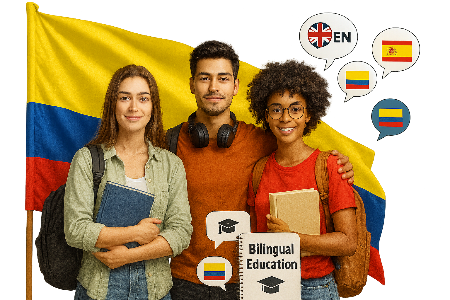 Estudiantes y bandera de Colombia, educación bilingüe